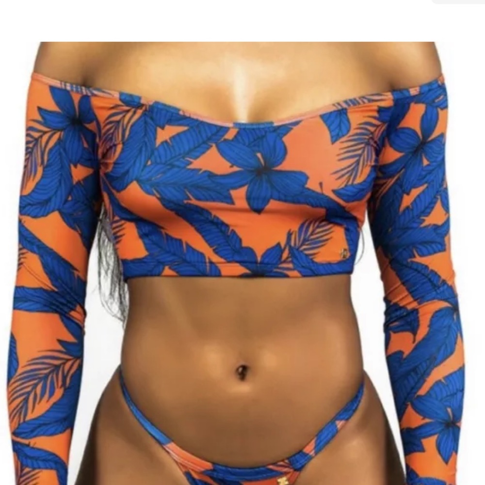 NEW B FYNE orange blue long sleeve swim top size S crop tropical print P26